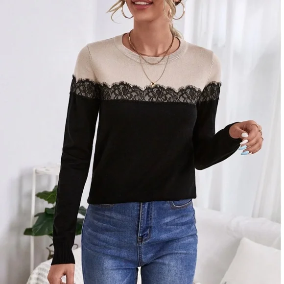Lace Detail Black Beige Crew Neck Knit Long Sleeve Sweater Pullover - Picture 1 of 7
